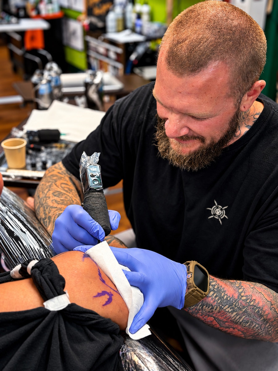 Jacob Snizik tattooing at Jaded Soul’s Living Art Tattoo